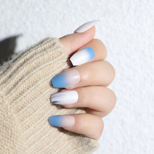 Ocean Breeze Medium Coffin Blue Ombre Press-On Nail Set with Matte Finish