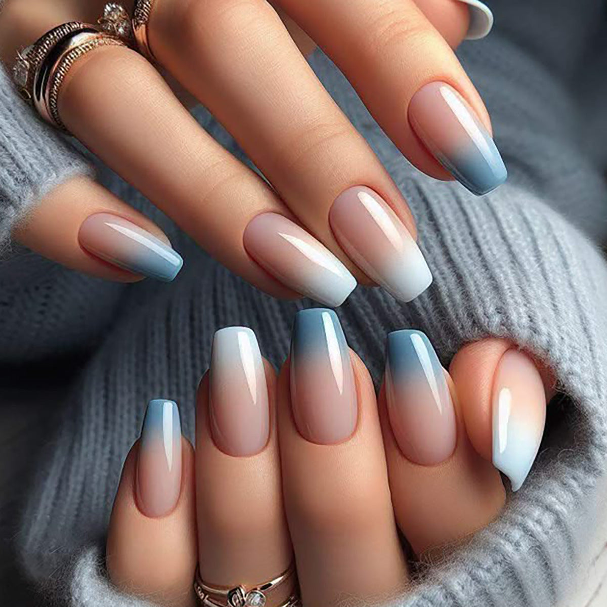 Dreamy Ocean Vibes Medium Coffin Ombre Blue and Beige Nail Set with Glossy Finish