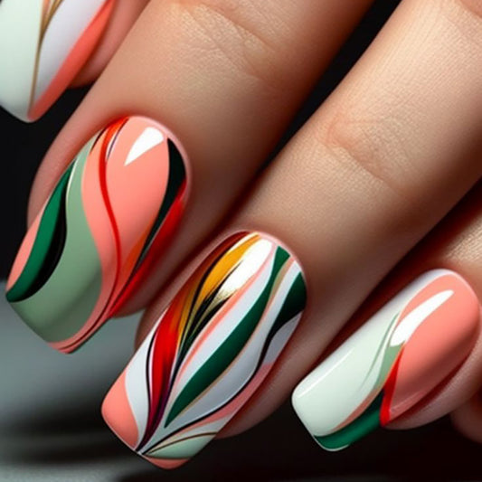Bohemian Elegance Medium Coffin Multicolor Press-On Nail Set with Unique Swirl Design