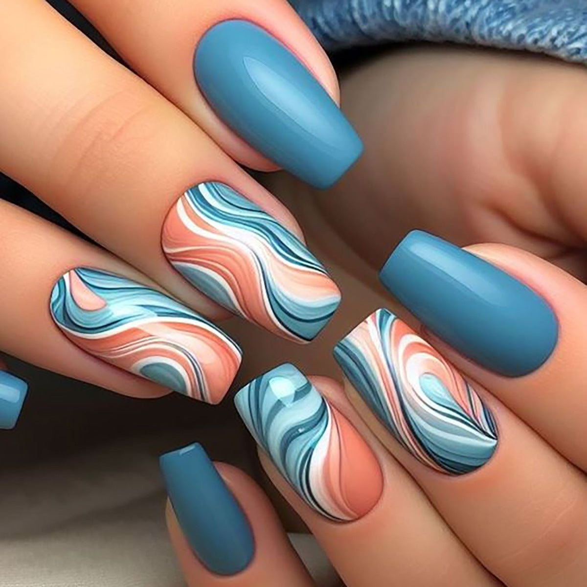 Ocean Breeze Medium Coffin Blue and Coral Marbled Press-On Nail Set
