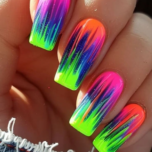 Vibrant Festival Medium Square Gradient Neon Press On Nail Set with Stunning Prism Effects