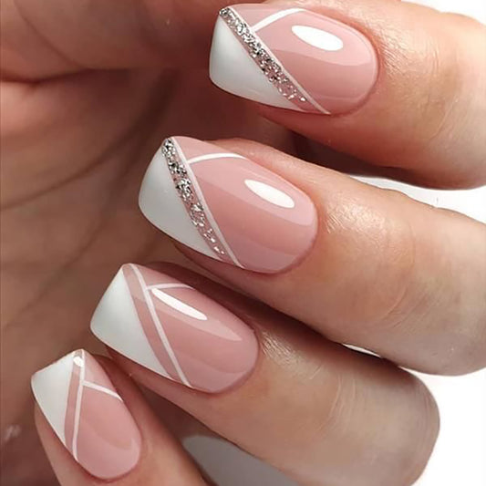 Elegant Charm Full Cover Medium Square Pink and White Press On Nail Set with Sparkling Accents