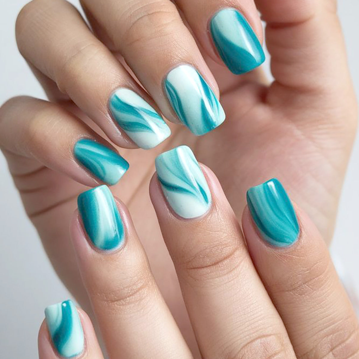 Ocean Breeze Medium Square Teal and White Swirl Press On Nail Set