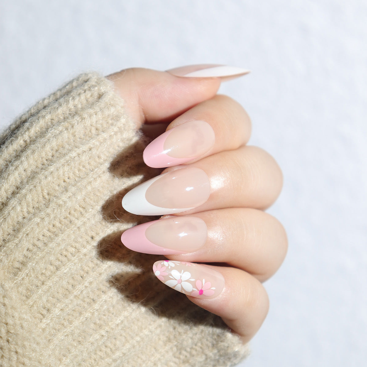 Charming Floral Dream Long Almond Pink Ombre Press On Nail Set with Elegant Flower Accent