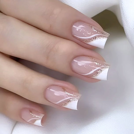 Elegant Bliss Medium Square Pink with White Accents and Glittering Wave Design Press-On Nail Set