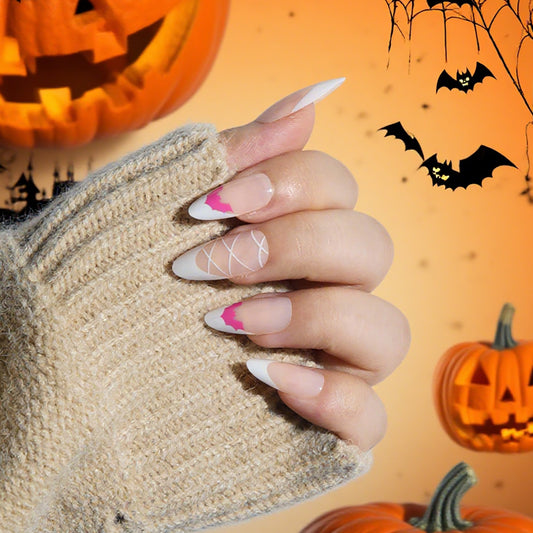 Spooky Elegance Long Almond Shaped White and Pink Press On Nail Set with Web Design Feature
