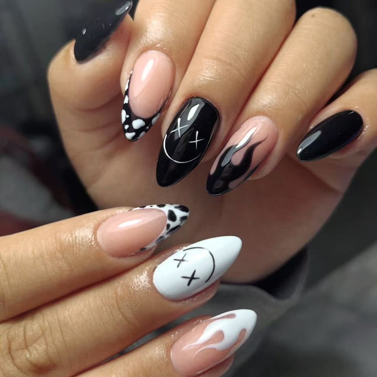 Edgy Glamour Stiletto Press-On Nail Set in Long Almond Shape with Black and White Fire and Smile Design