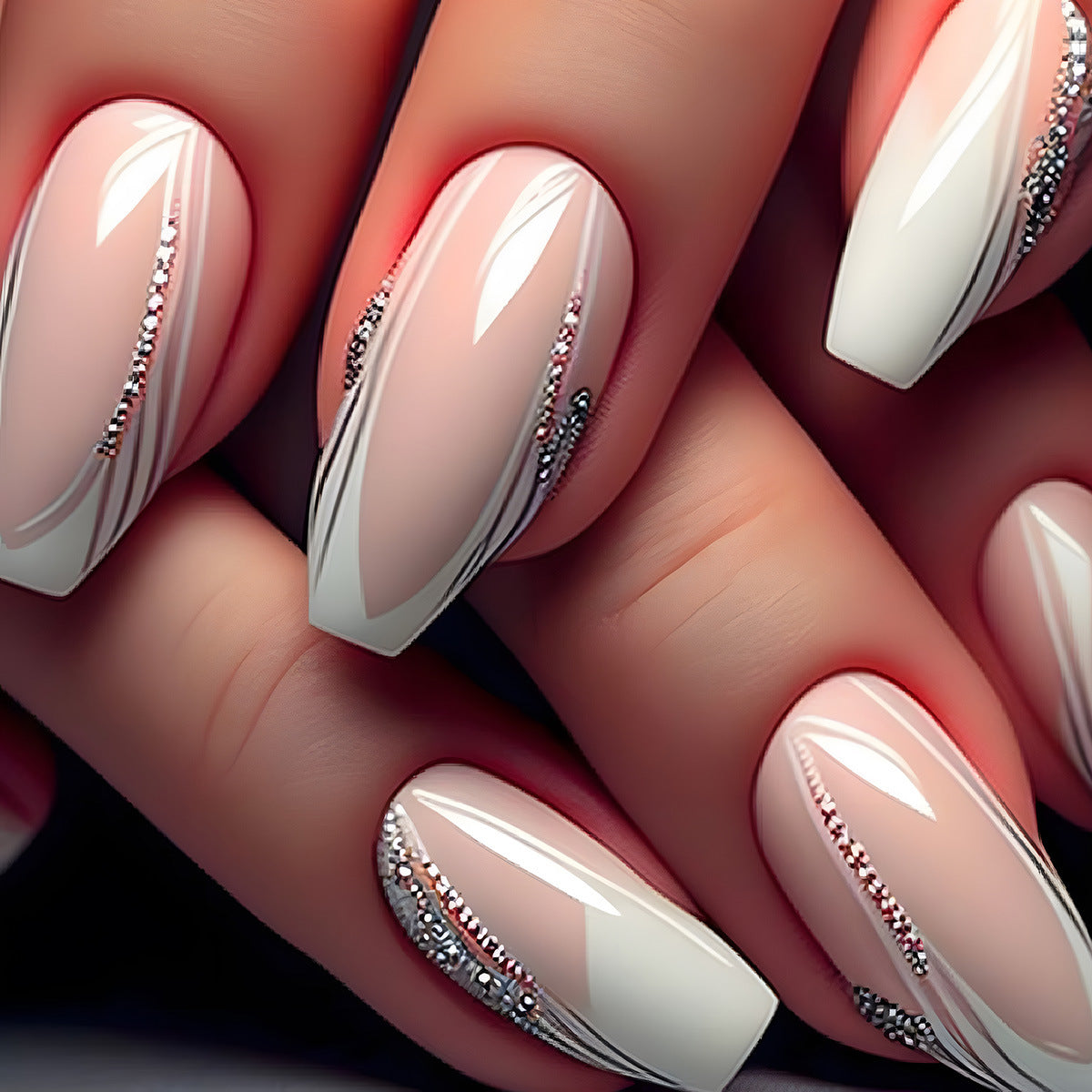 Glamorous Elegance Long Coffin Pink and White Ombre Press-On Nail Set with Sparkling Accent Stripes