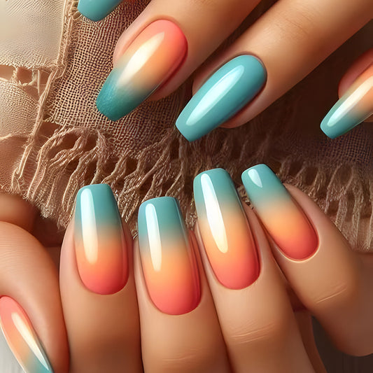Tropical Dream Long Coffin Ombre Blue and Coral Press-On Nail Set with Glossy Finish