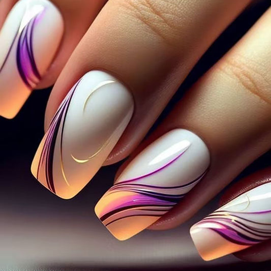 Dreamy Ombre Short Square Press-On Nail Set with Elegant Purple Swirls and Glossy Finish