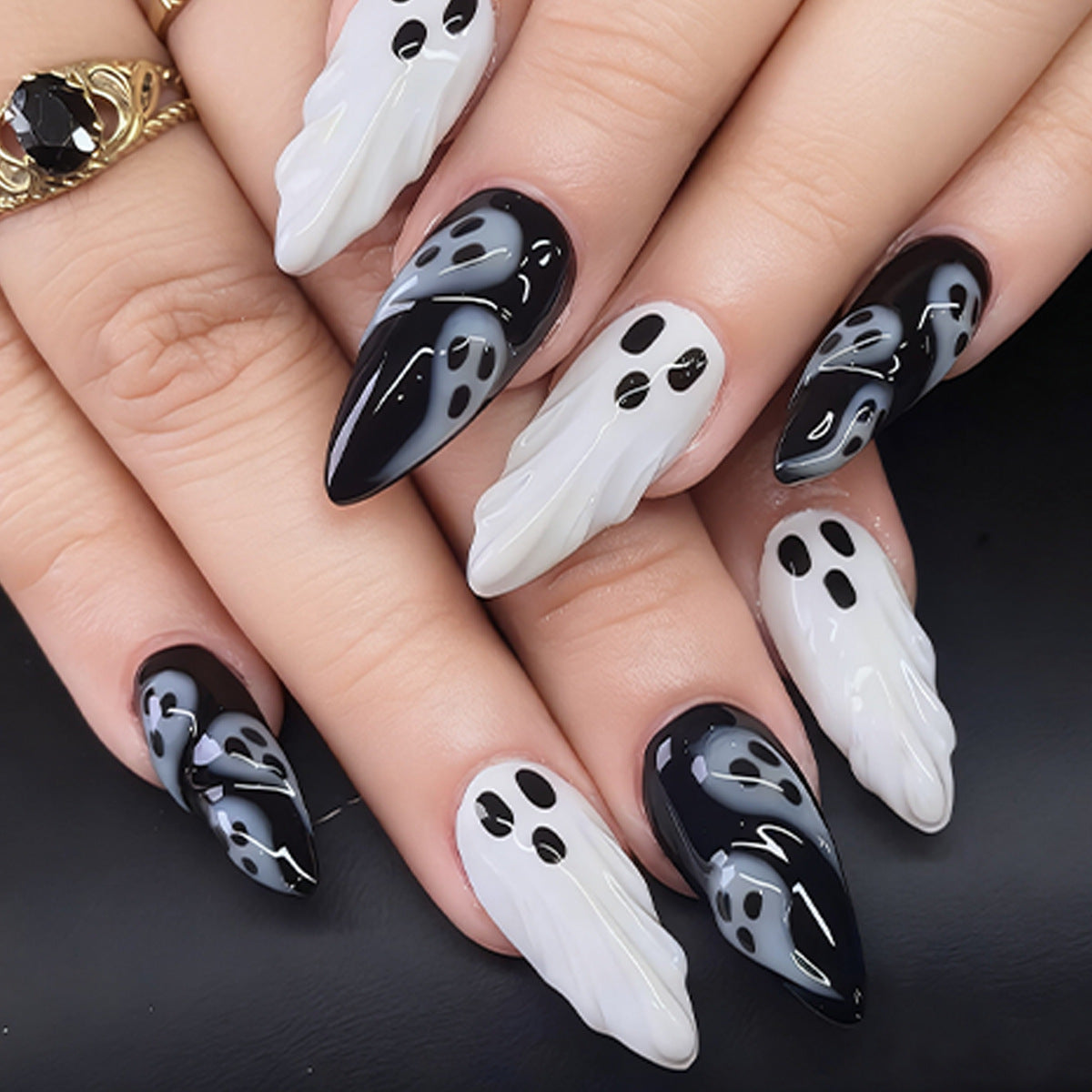 Spooky Elegance Long Almond Black and White Ghost Design Press On Nail Set