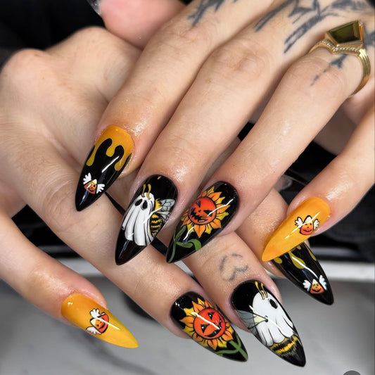 Spooky Autumn Glam Nail Set Long Almond Black and Yellow with Whimsical Halloween Illustrations