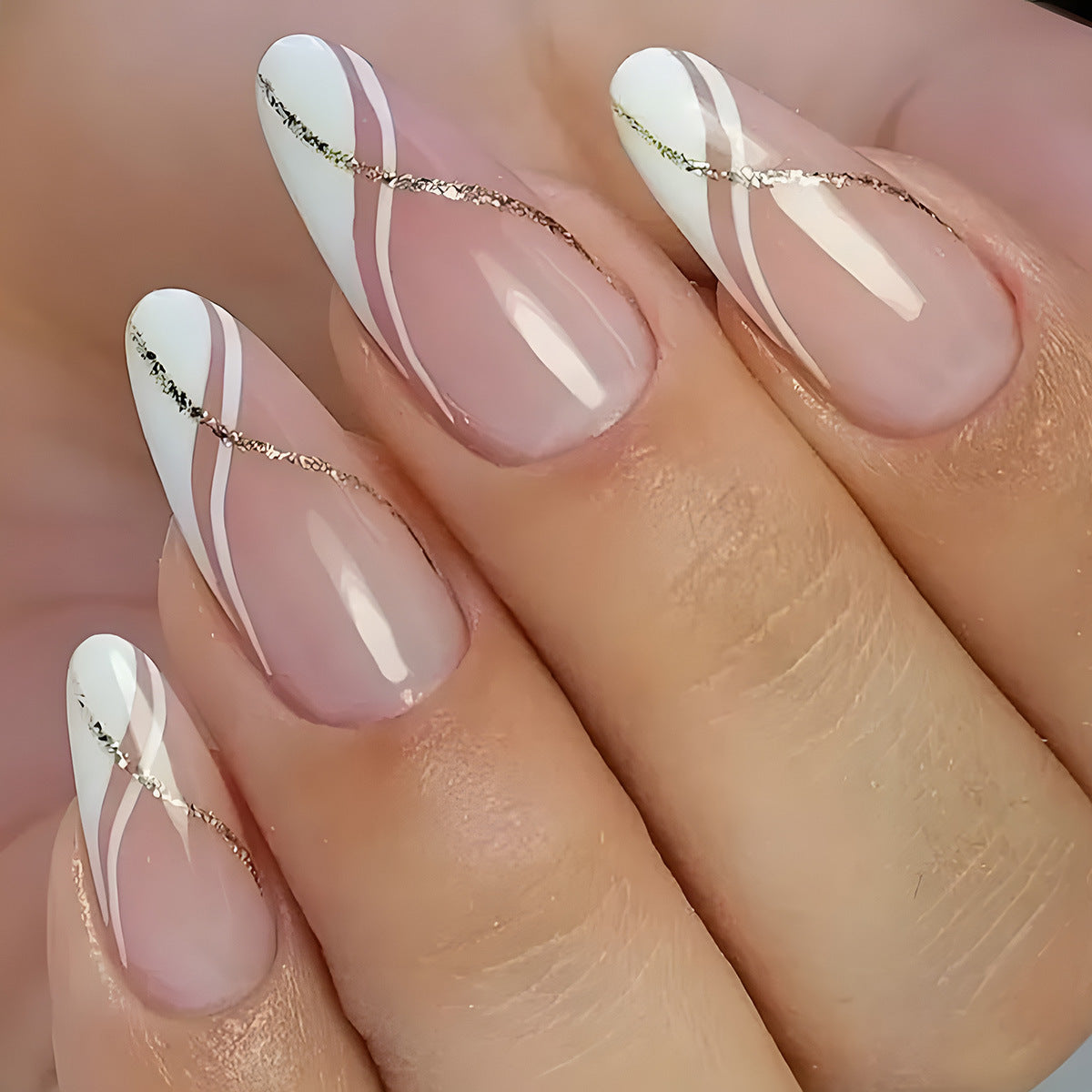 Glamorous Elegance Long Almond White and Pink Press On Nail Set with Gold Accent Lines