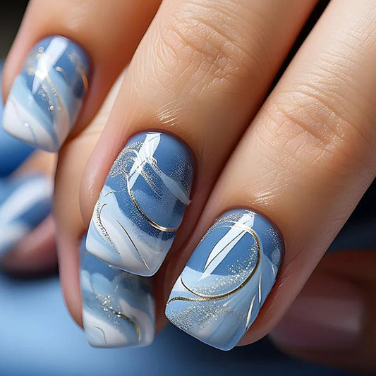 Ocean Breeze Elegant Short Square Blue Nail Set with Stunning Gold Swirl Accents