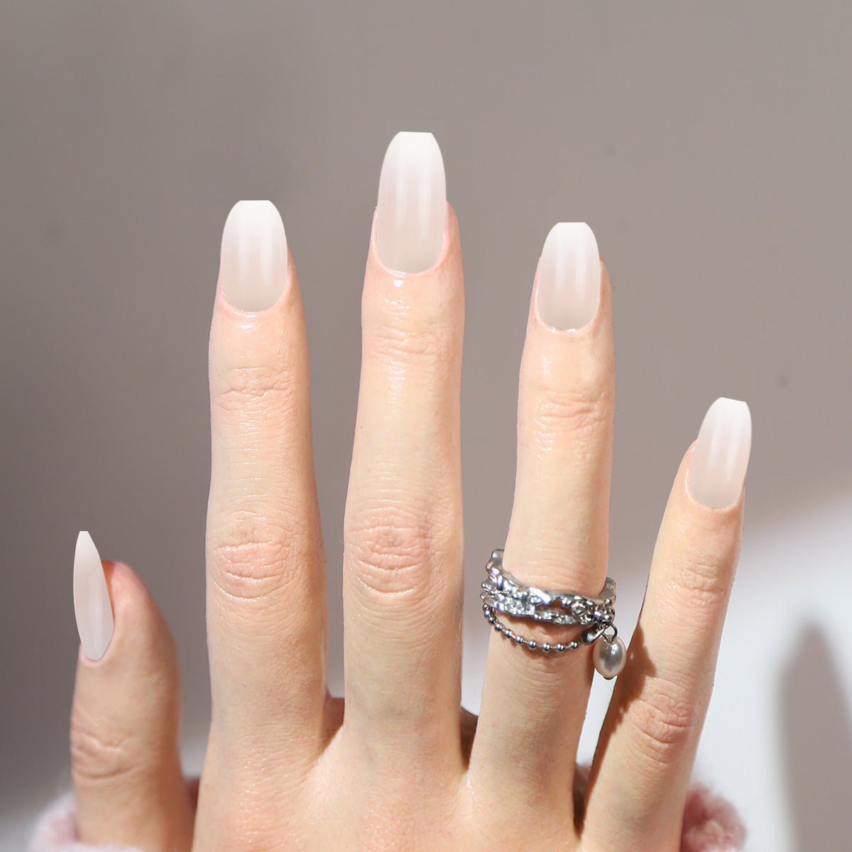 Elegant Glimpse Long Coffin Ivory Press On Nail Set with Glossy Finish