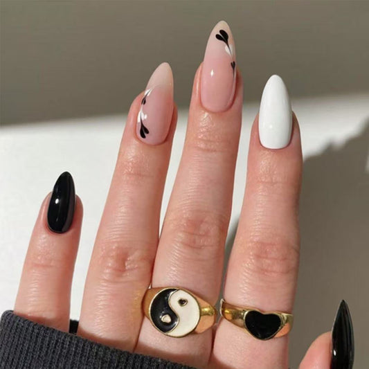 Harmony and Balance Elegant Medium Almond Shaped Gradient Pink White and Black Press On Nail Set with Floral Accents