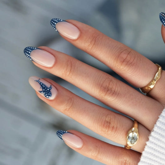 Nautical Charm Medium Almond Blue French Tip Nail Set with Dazzling Starfish Design