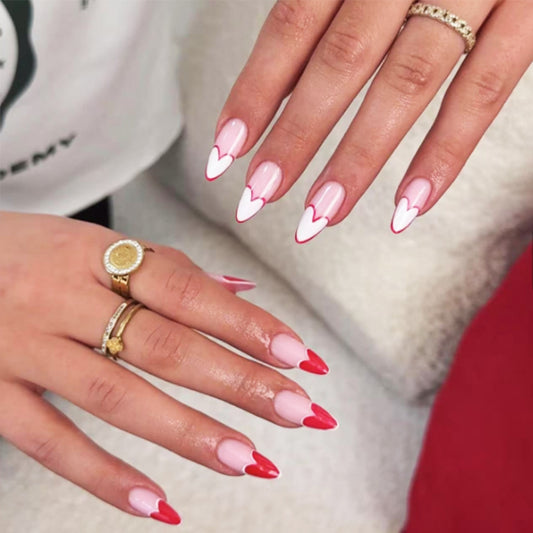 Romantic Heart Shaped Long Almond Pink and Red Press On Nails with White Tips