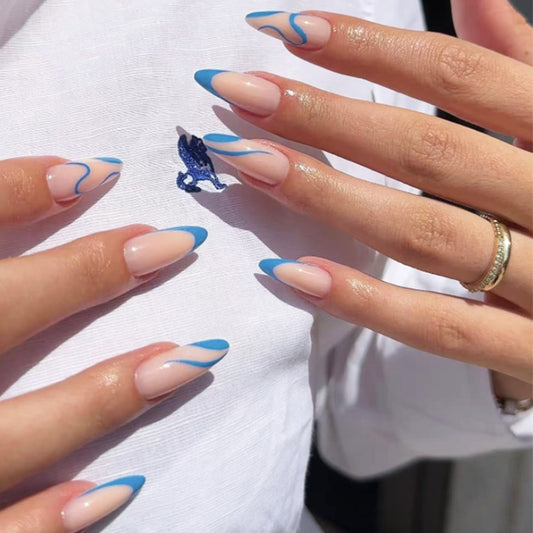 Ocean Breeze Elegance Long Almond Press On Nail Set with Blue Swirls and French Tip Design