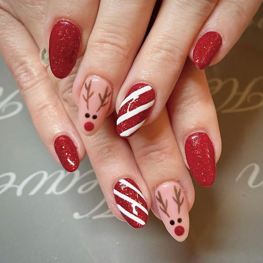 Festive Winter Wonderland Short Almond Red Glitter Nails with Cute Reindeer Design