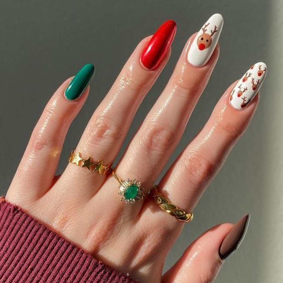 Festive Elegance Long Almond Green Red and White with Cute Rudolph Designs Press on Nail Set