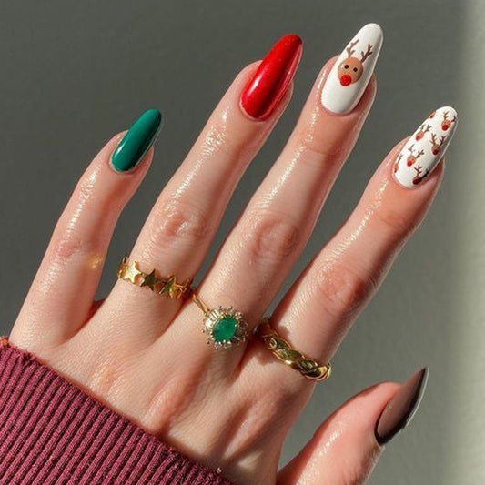 Festive Elegance Long Almond Green Red and White with Cute Rudolph Designs Press on Nail Set