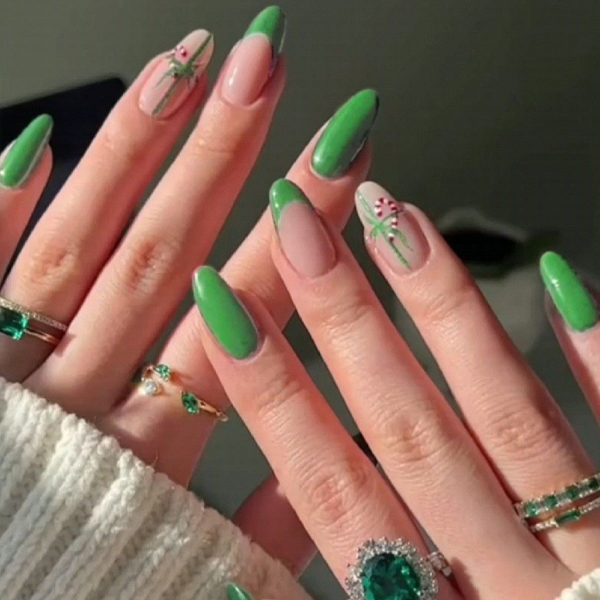 Garden Delight Long Almond Green Nail Set with Floral Design