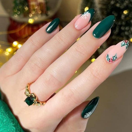 Winter Wonderland Long Almond Green and Pink Press-On Nail Set with Festive Snowflake and Holly Designs