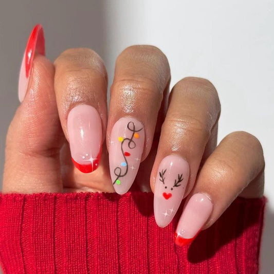 Festive Charm Long Almond Shaped Red and Pink Color Nail Set with Whimsical Holiday Designs