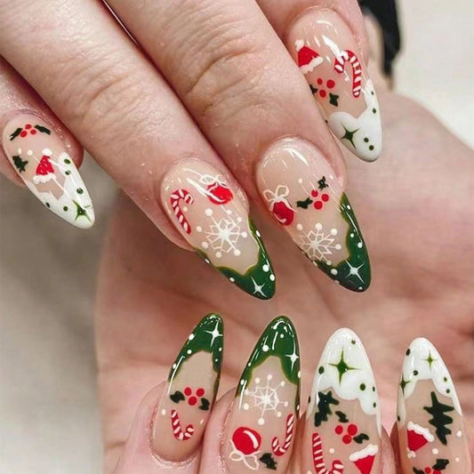 Festive Winter Wonderland Long Almond Green and White Press On Nail Set with Holiday Themed Decorations