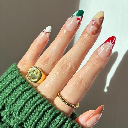 Festive Elegance Long Almond Shaped Multicolored with Whimsical Winter Designs Press On Nail Set