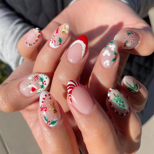 Festive Charm Medium Almond Red and White Holiday Press On Nail Set with Unique Gingerbread Man Design