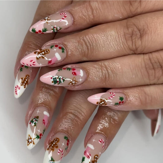 Festive Wonderland Press On Nail Set Long Almond Pink with Gingerbread Design