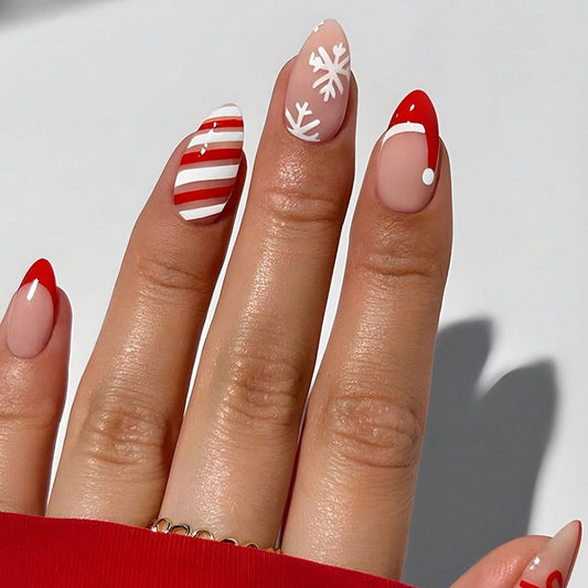 Festive Flair Long Almond Red and Beige with Whimsical Holiday Patterns Nail Set