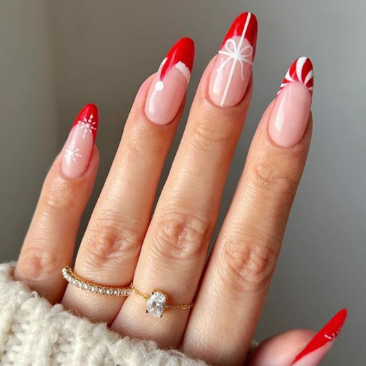 Festive Glamour Long Almond Red with Whimsical Snowflake and Candy Cane Designs Press-on Nail Set