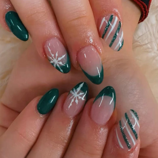 Winter Wonderland Elegant Medium Almond Green Gradient with Snowflake Accents Press-On Nail Set