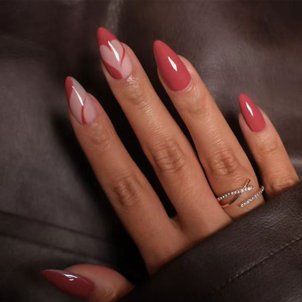 Romantic Rose Long Almond Shaped Burgundy Press On Nail Set with Artistic Heart Design