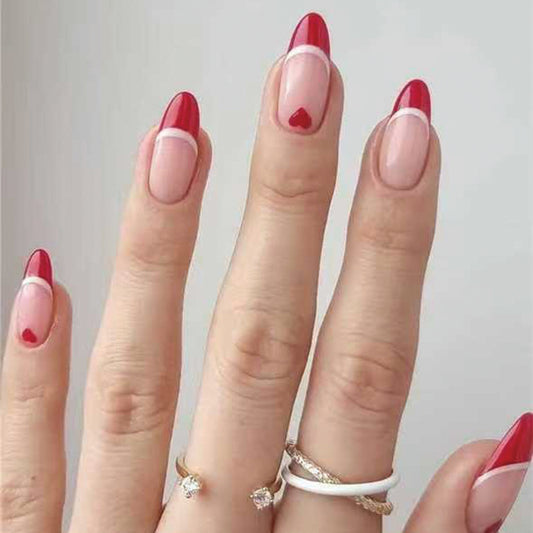 Romantic Elegance Long Almond Shaped Red and Pink Press On Nail Set with Heart Accent Design