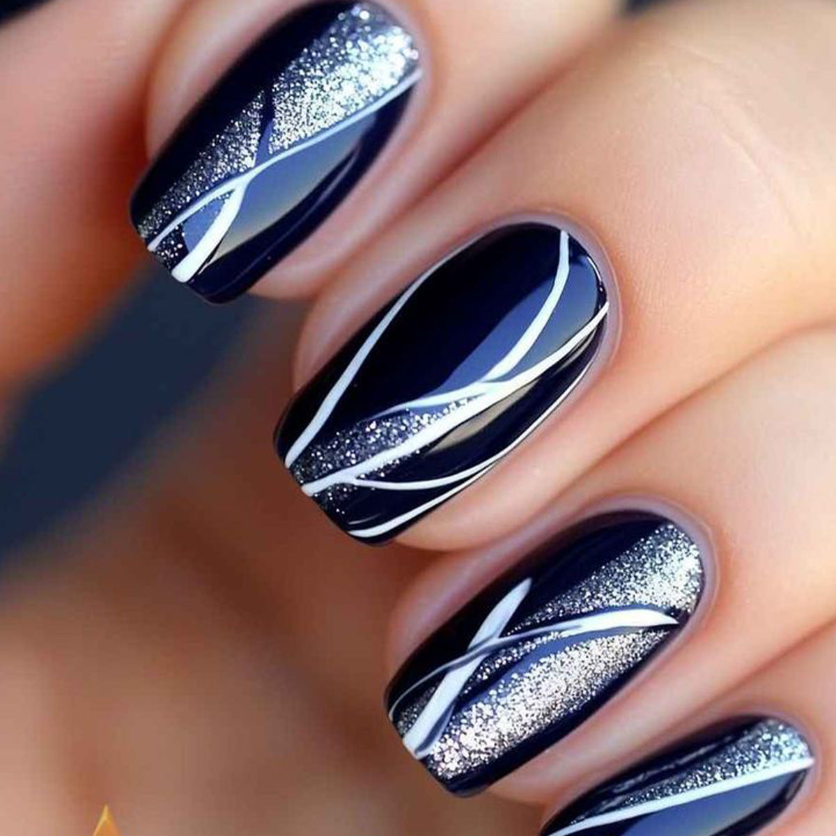 Celestial Midnight Short Square Navy with Glittering Silver Stripes Press On Nail Set