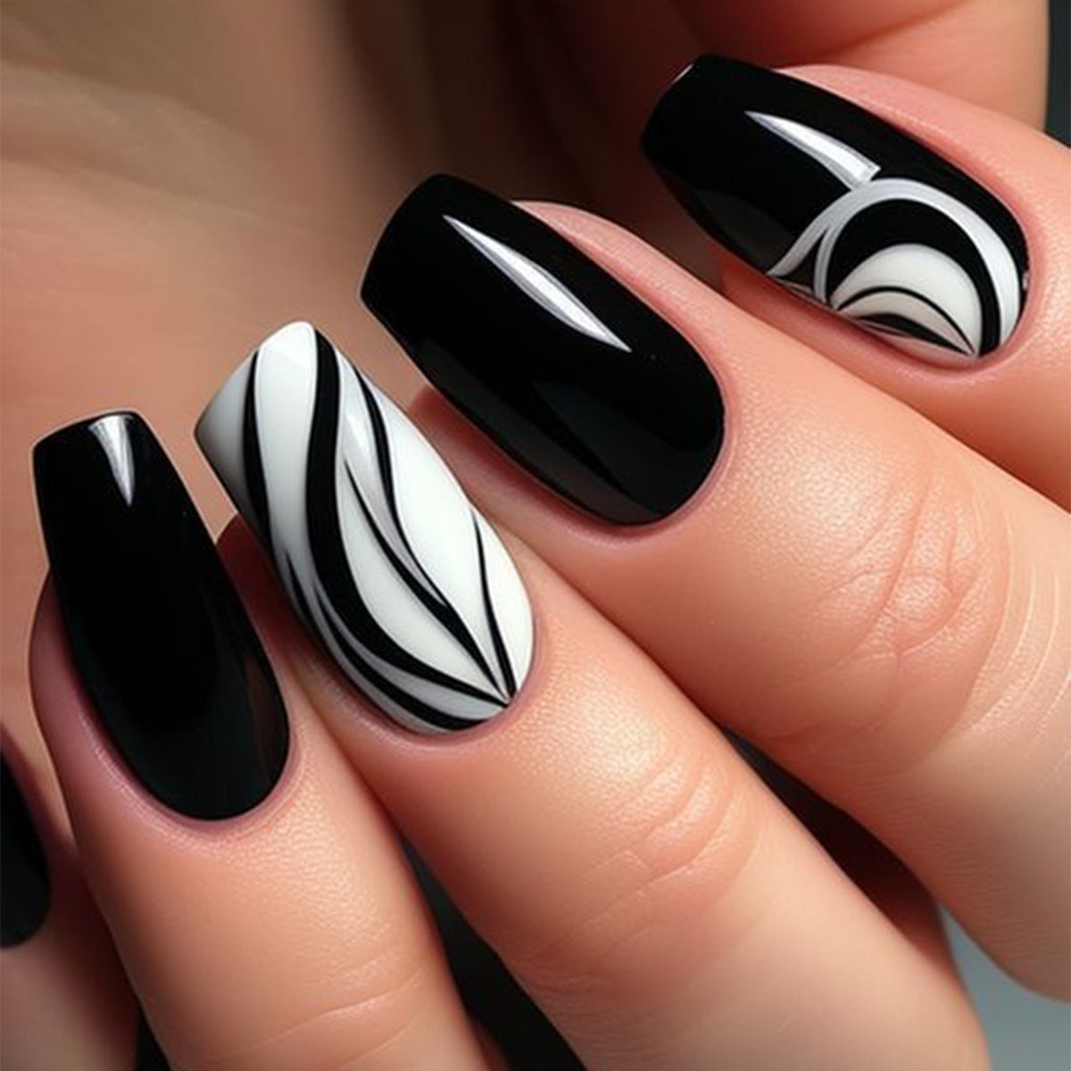 Chic Monochrome Short Square Black and White Swirl Design Press On Nail Set