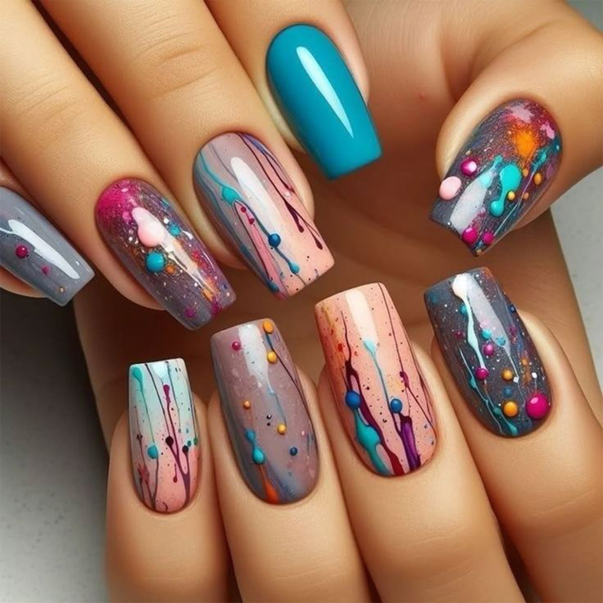 Artistic Splash Medium Square Press On Nail Set in Vibrant Blue and Multicolored Dripping Design