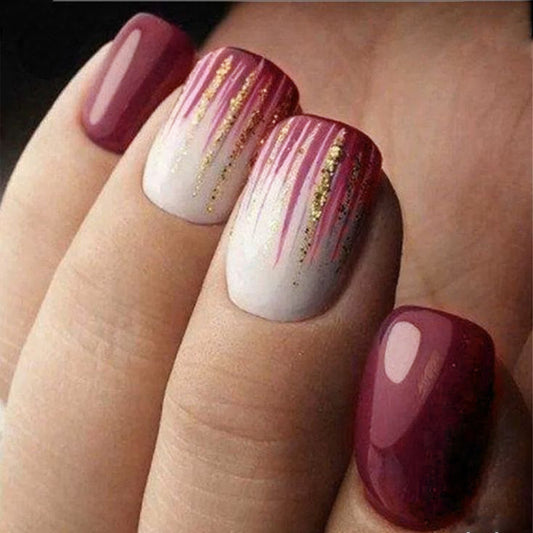 Glamorous Sunset Short Square Burgundy and Pink Gradient Press-On Nail Set with Sparkling Gold Accents