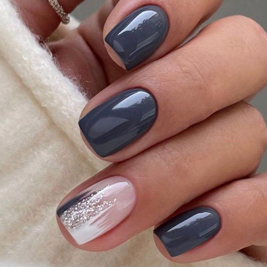 Elegance in Grey Press On Nail Set Short Square Shape Sleek Grey with Glitter Accent