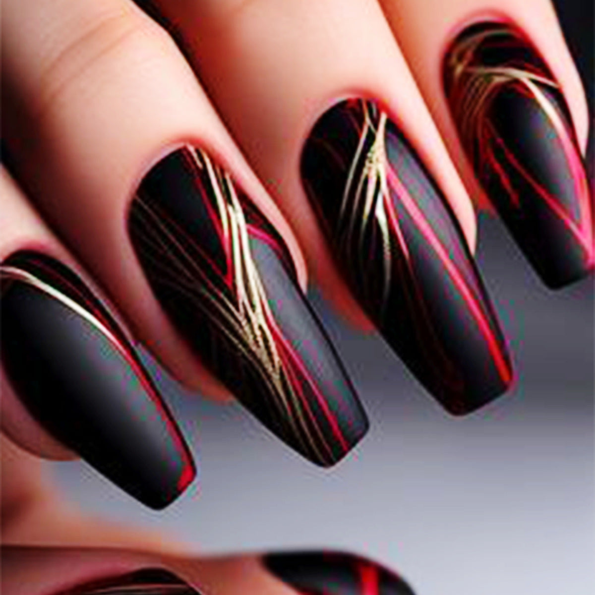 Gothic Glamour Long Coffin Black with Red and Gold Stripes Press On Nail Set