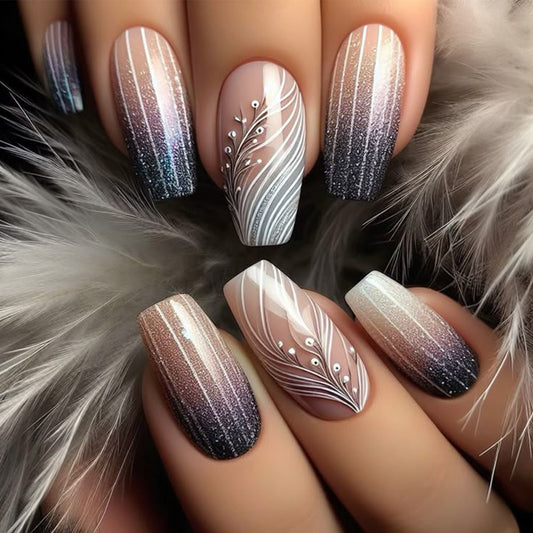 Enchanted Elegance Long Coffin Ombre White With Glittering Floral Accent Press On Nail Set