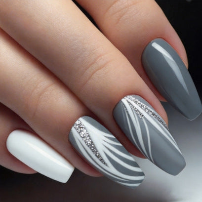 Elegant Winter Bliss Long Coffin Grey and White Press On Nail Set with Sparkling Accents