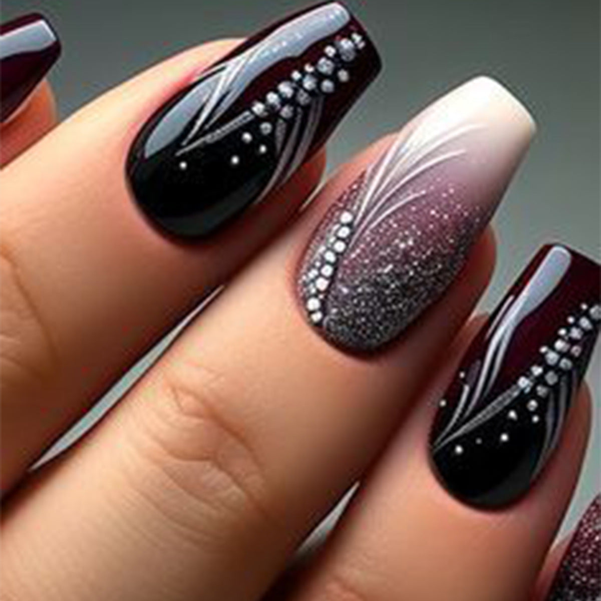 Glamorous Evening Elegance Long Coffin Burgundy Gradient Press On Nail Set with Shimmering Rhinestone Accents