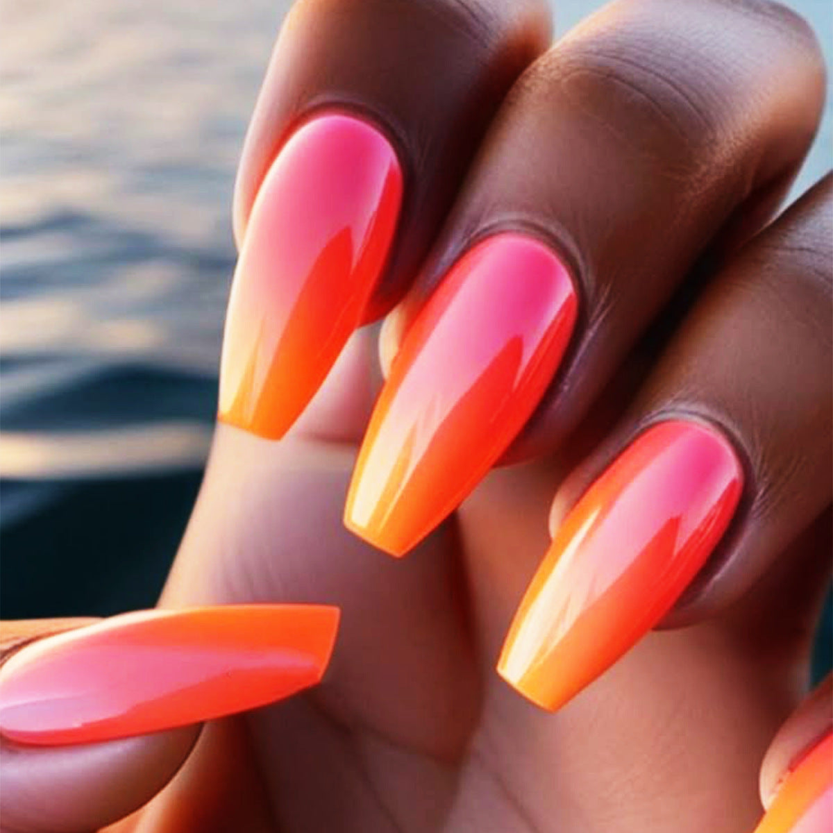 Tropical Sunset Long Coffin Gradient Pink Orange Press On Nail Set with Glossy Finish