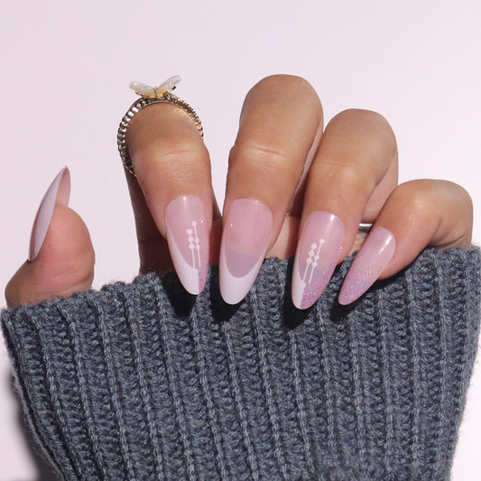 Elegant Blossom Long Almond Pink Gradient Press On Nail Set with Floral Accents