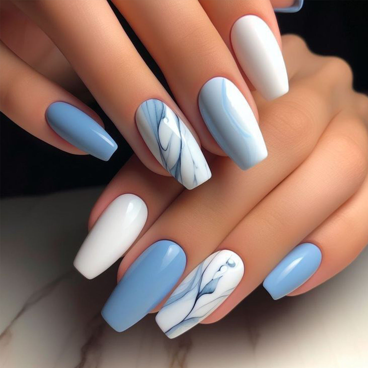 Serene Ocean Vibes Long Coffin Light Blue and White Marble Design Press On Nail Set